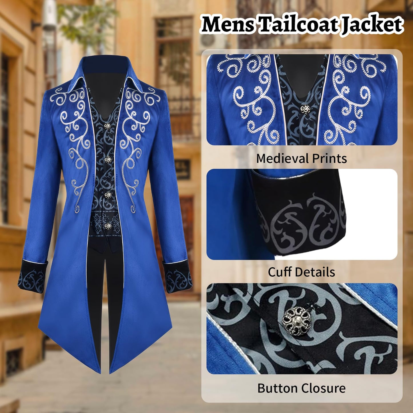 Disfraz Chaqueta steampunk vintage para hombre, abrigo gótico, disfraz de carnaval, ropa medieval para hombre, disfraz de Halloween para hombre, azul, S