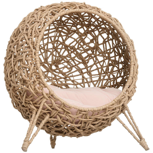 Cama Cueva de Ratán para Gatos o Mascotas Pequeña con Base Trípode Cojín de Felpa y Algodón Suave Diseño Elevado Estable Φ52x58 cm Madera Natural