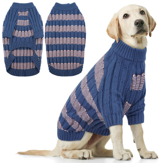 Abrigo Suéter Perro Grande, Cálido y Elástico Sueter Perro Invierno Ropa Labrador, Diseño a Rayas Jersey Punto con Agujero para Correa para Salidas Rápidas, Azul XXL
