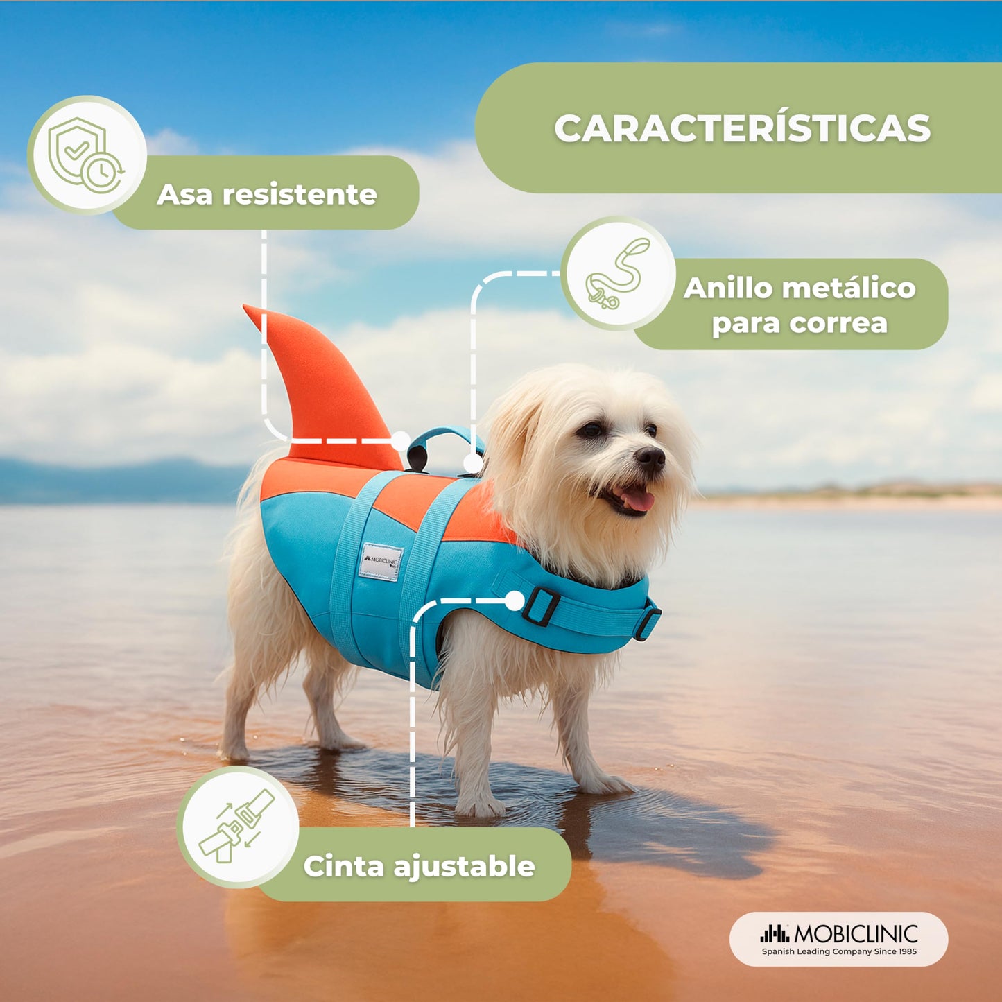 Chaleco Salvavidas Perro, Diseño Aleta Tiburón, Asa de Rescate, Arnés Ajustable, Anillo para Correa, Alta Flotabilidad y Visibilidad, Sharky, Ligero, Nadar, Surf, Navegar