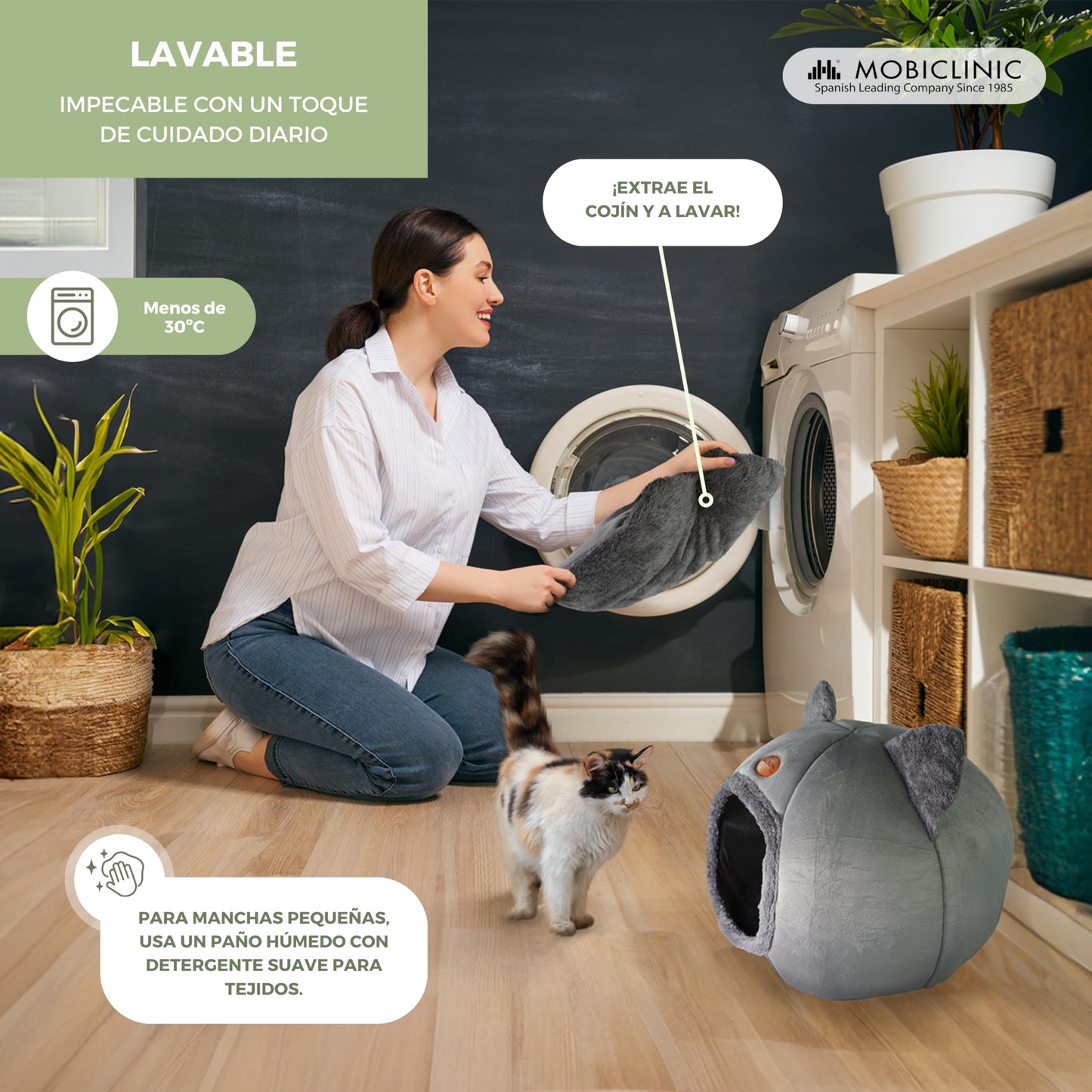 Mobiclinic® Pets, Cama para Gatos, Cueva Nido, Hellocatty, Tejido Suave, Apto Lavadora, Fácil de Plegar y almacenar, Antideslizante, Cojín Confortable extraíble, Esponja 25d, Diseño Moderno