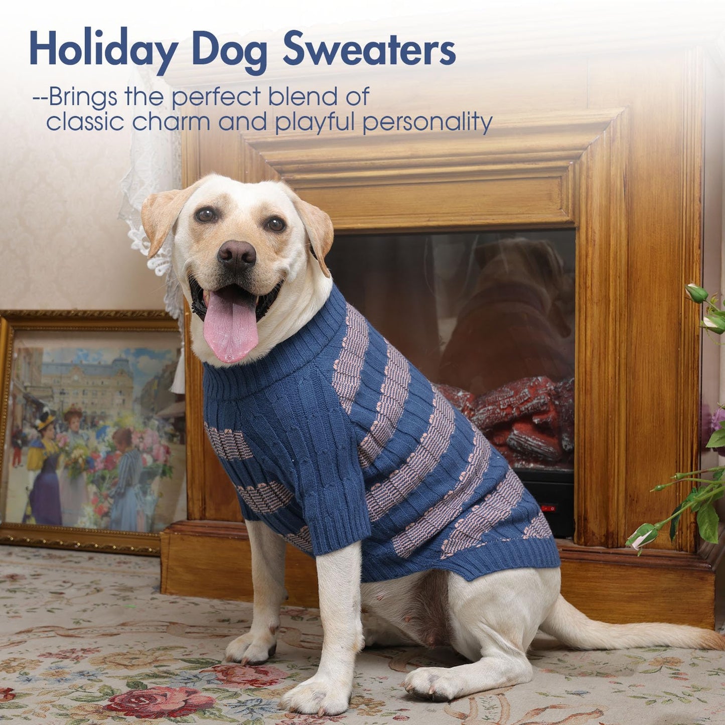 Abrigo Suéter Perro Grande, Cálido y Elástico Sueter Perro Invierno Ropa Labrador, Diseño a Rayas Jersey Punto con Agujero para Correa para Salidas Rápidas, Azul XXL