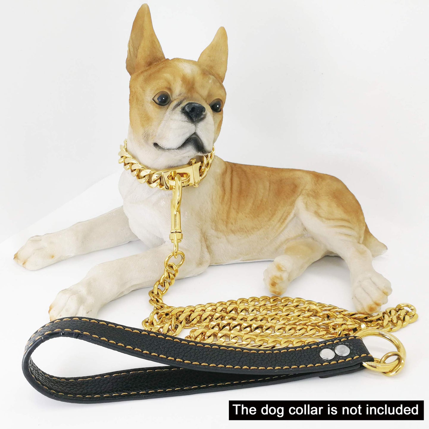 W/W Lifetime Correa de metal a prueba de masticación, mango de cuero de 11 mm, oro de 18 quilates, cadena resistente para mascotas, con asa acolchada para perros grandes, medianos y pequeños (longitud