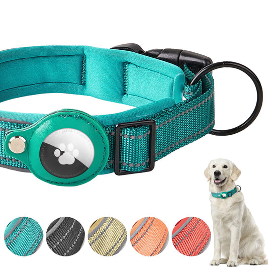 Collar de Perro, Reflectante Collar Perro Acolchado para Apple AirTag, Ajustable Táctico Nailon Collar Perro para Perros Pequeño, Mediano y Grande (Cian, S)