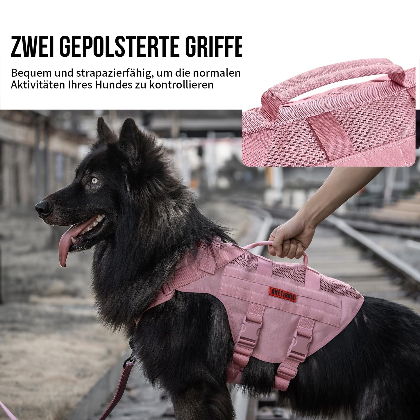 Arnés de seguridad ajustable ultra transpirable para perros grandes/medianos con 2 asas (M rosa)