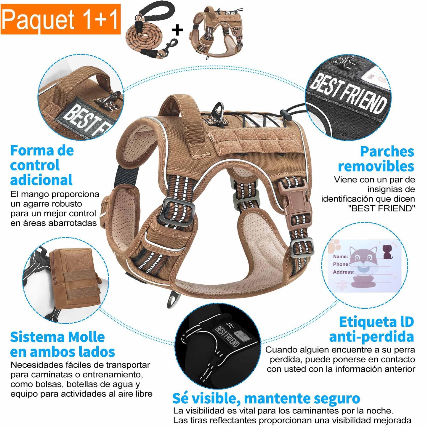 Arnés táctico resistente para perros grandes, arnés ajustable para mascotas, reflectante, de fácil control, arnés para perros de trabajo, grande, marrón