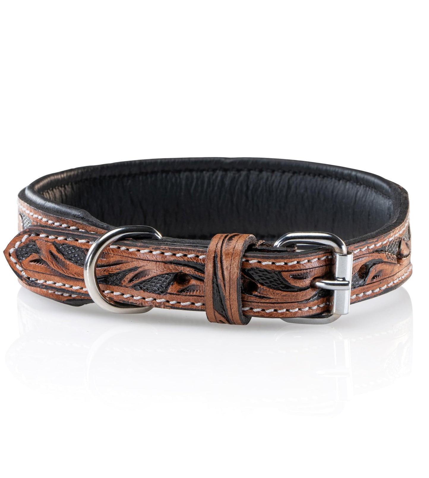 Collar de perro de cuero tallado a mano y acolchado – Collar de piel de búfalo para perros Solitaire (L/40-49,5)