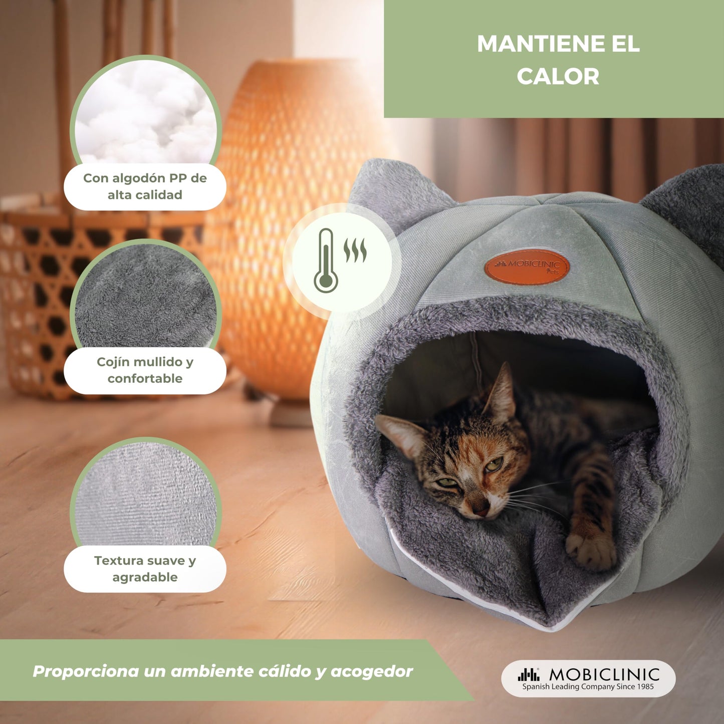 Mobiclinic® Pets, Cama para Gatos, Cueva Nido, Hellocatty, Tejido Suave, Apto Lavadora, Fácil de Plegar y almacenar, Antideslizante, Cojín Confortable extraíble, Esponja 25d, Diseño Moderno