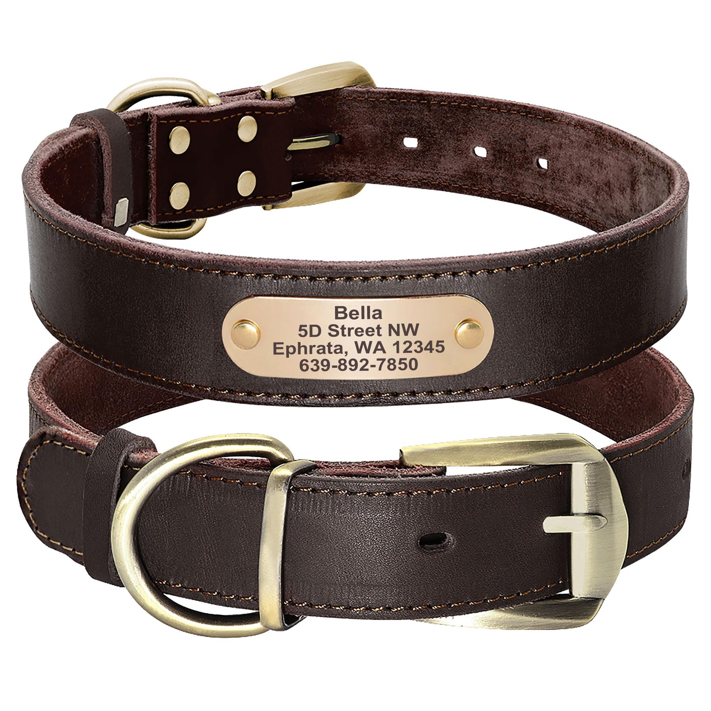 Collares para Perro de Piel auténtica con Placa de Nombre grabada, Collar de Perro de Cuero Suave Personalizado con Etiqueta de identificación Personalizada Marrón