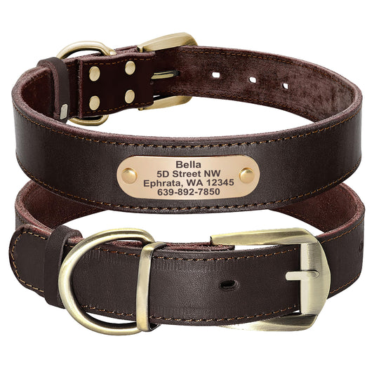 Collares para Perro de Piel auténtica con Placa de Nombre grabada, Collar de Perro de Cuero Suave Personalizado con Etiqueta de identificación Personalizada Marrón