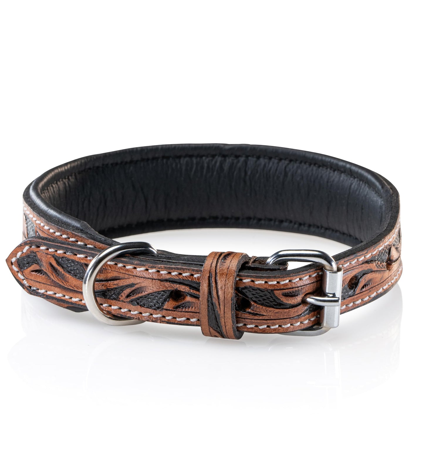 Collar de perro de cuero tallado a mano y acolchado – Collar de piel de búfalo para perros Solitaire (L/40-49,5)