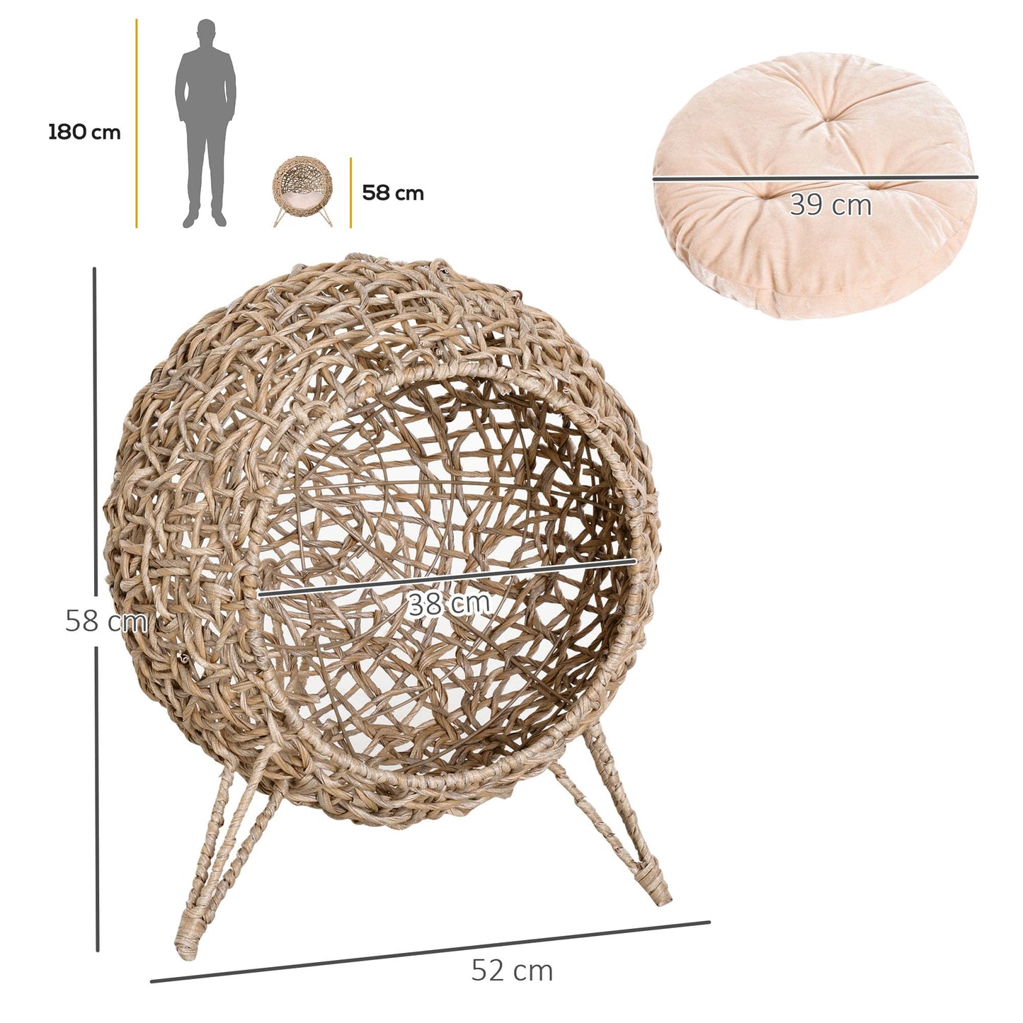 Cama Cueva de Ratán para Gatos o Mascotas Pequeña con Base Trípode Cojín de Felpa y Algodón Suave Diseño Elevado Estable Φ52x58 cm Madera Natural