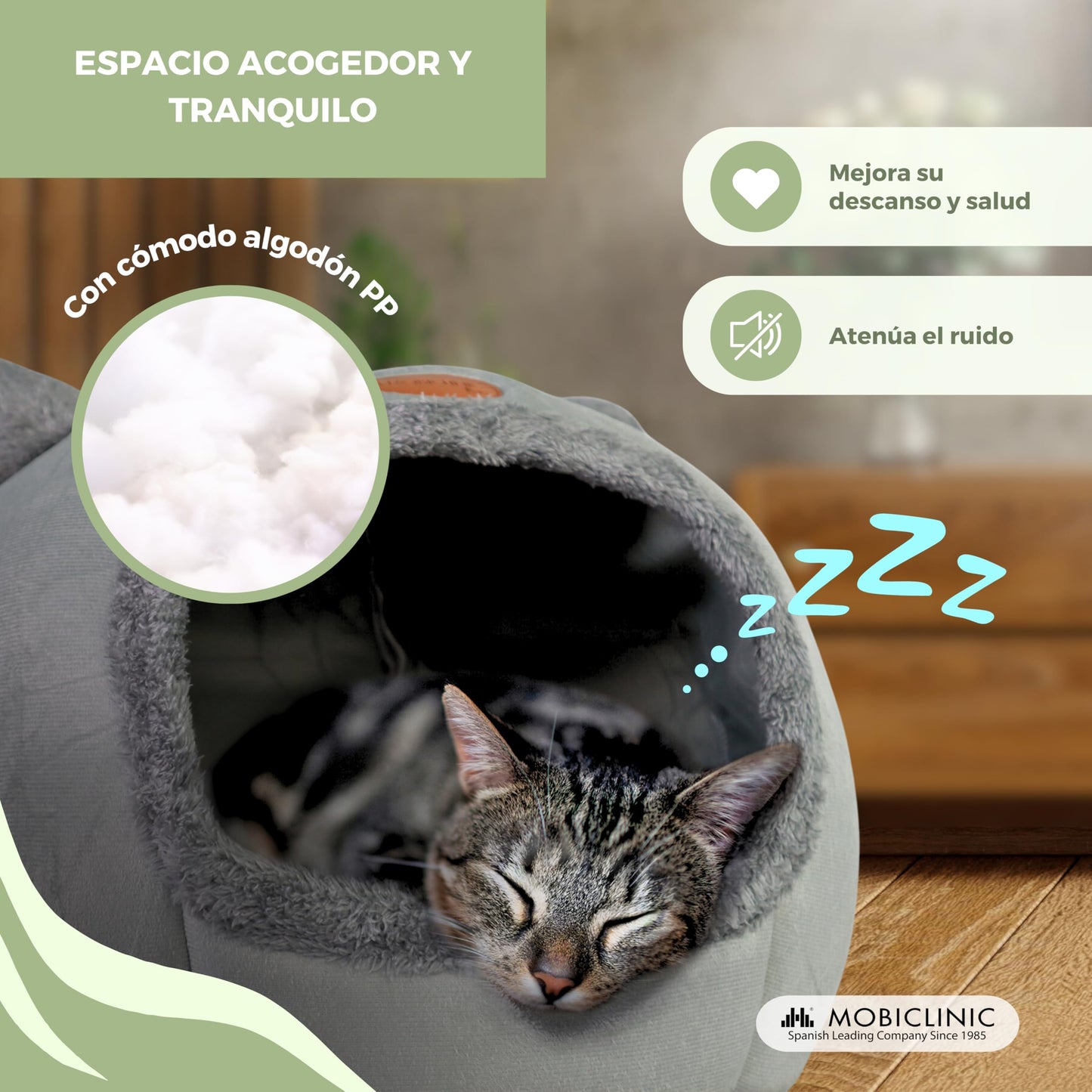 Mobiclinic® Pets, Cama para Gatos, Cueva Nido, Hellocatty, Tejido Suave, Apto Lavadora, Fácil de Plegar y almacenar, Antideslizante, Cojín Confortable extraíble, Esponja 25d, Diseño Moderno