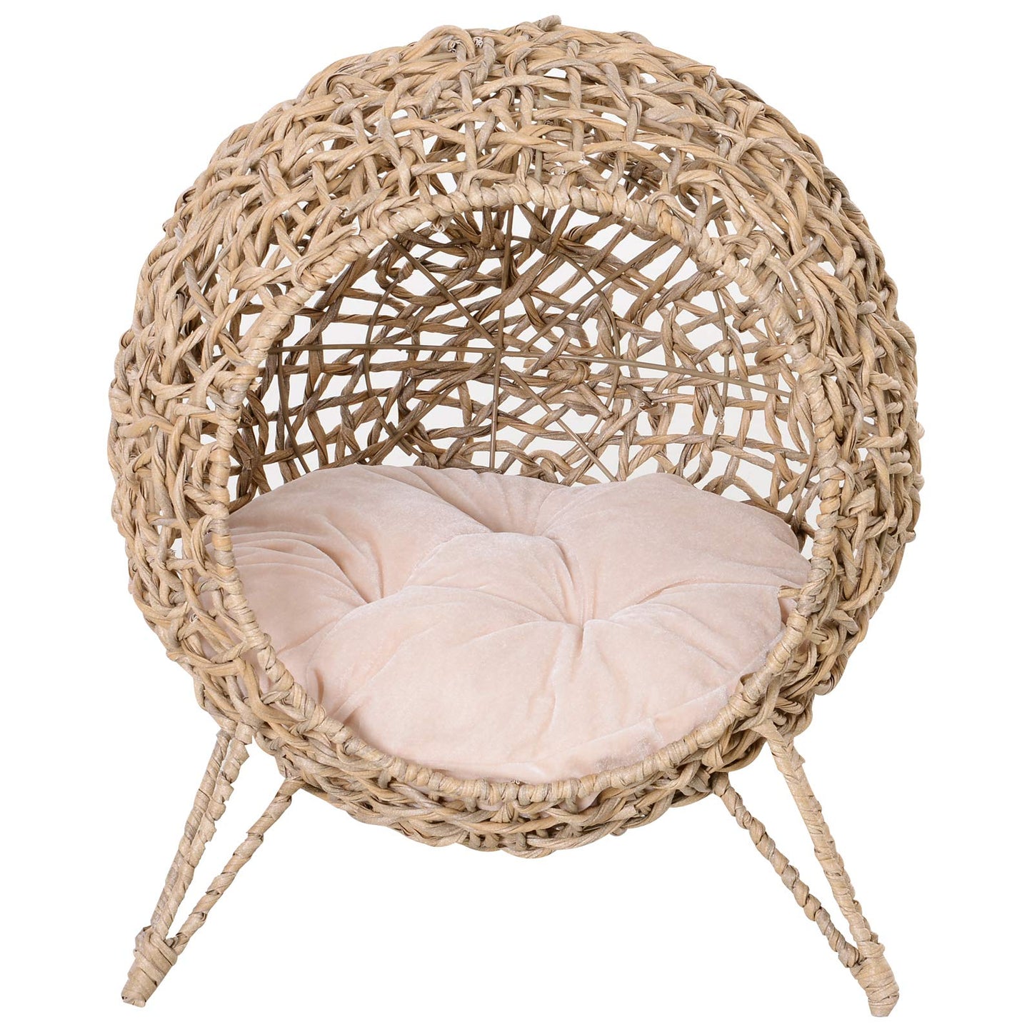 Cama Cueva de Ratán para Gatos o Mascotas Pequeña con Base Trípode Cojín de Felpa y Algodón Suave Diseño Elevado Estable Φ52x58 cm Madera Natural
