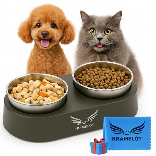 KRAMELÓT Twin Bowl | Comedero - Bebedero para Perro y Gato | Elevado e Inclinado para Mejorar Digestiones | Antivómitos | Cuencos de Acero INOX 304 | Incluye Toalla de Regalo