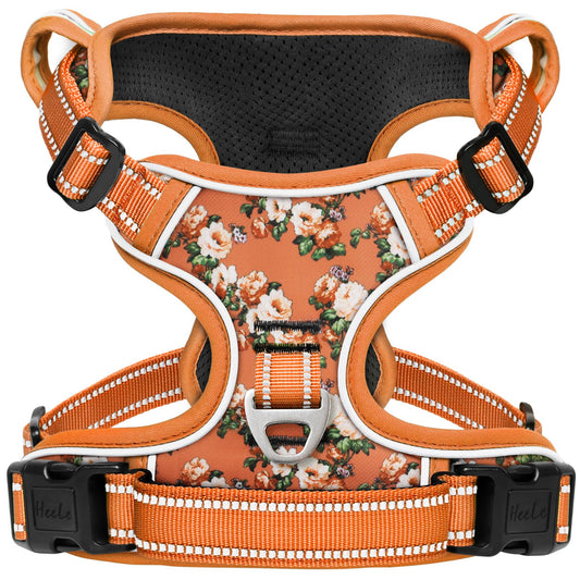 Arnes para Perro Arnes Anti Tirones Transpirable con Agarre Acolchado y Reflectantes Arnés para Perros Easy Safe Arnés para Perro con Bonito Estampado Arnés Perro Pequeños, Flores-Nanranja, S
