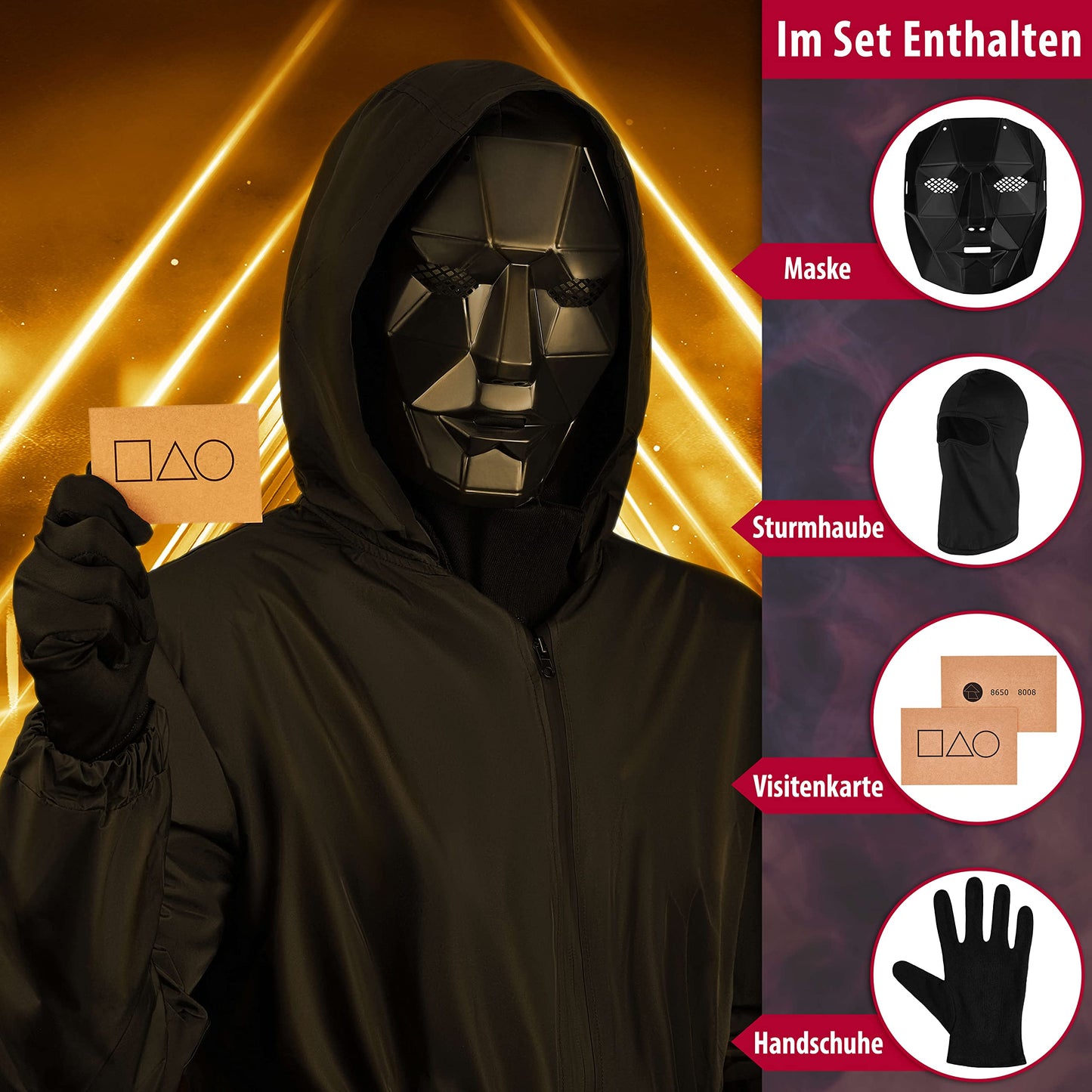 Disfraz Balinco La Máscara de Juego + Pasamontañas + Guantes Negros + 1x Tarjeta de Juego para Halloween, Carnaval y Carnaval como Disfraz para Hombres y Mujeres (Jefe)