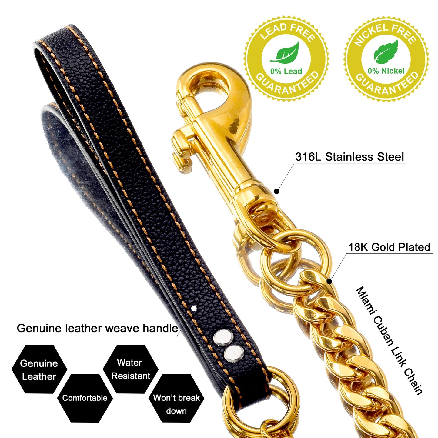 W/W Lifetime Correa de metal a prueba de masticación, mango de cuero de 11 mm, oro de 18 quilates, cadena resistente para mascotas, con asa acolchada para perros grandes, medianos y pequeños (longitud