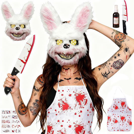 TFSZE MáScara Horror Conejo Set,Máscara de Conejo de Felpa Sangrienta con Delantal Sangriento,Pegatinas de tatuajes con cicatrices,Delantal Sangriento,para Adulto Helloween Carnaval Fiesta