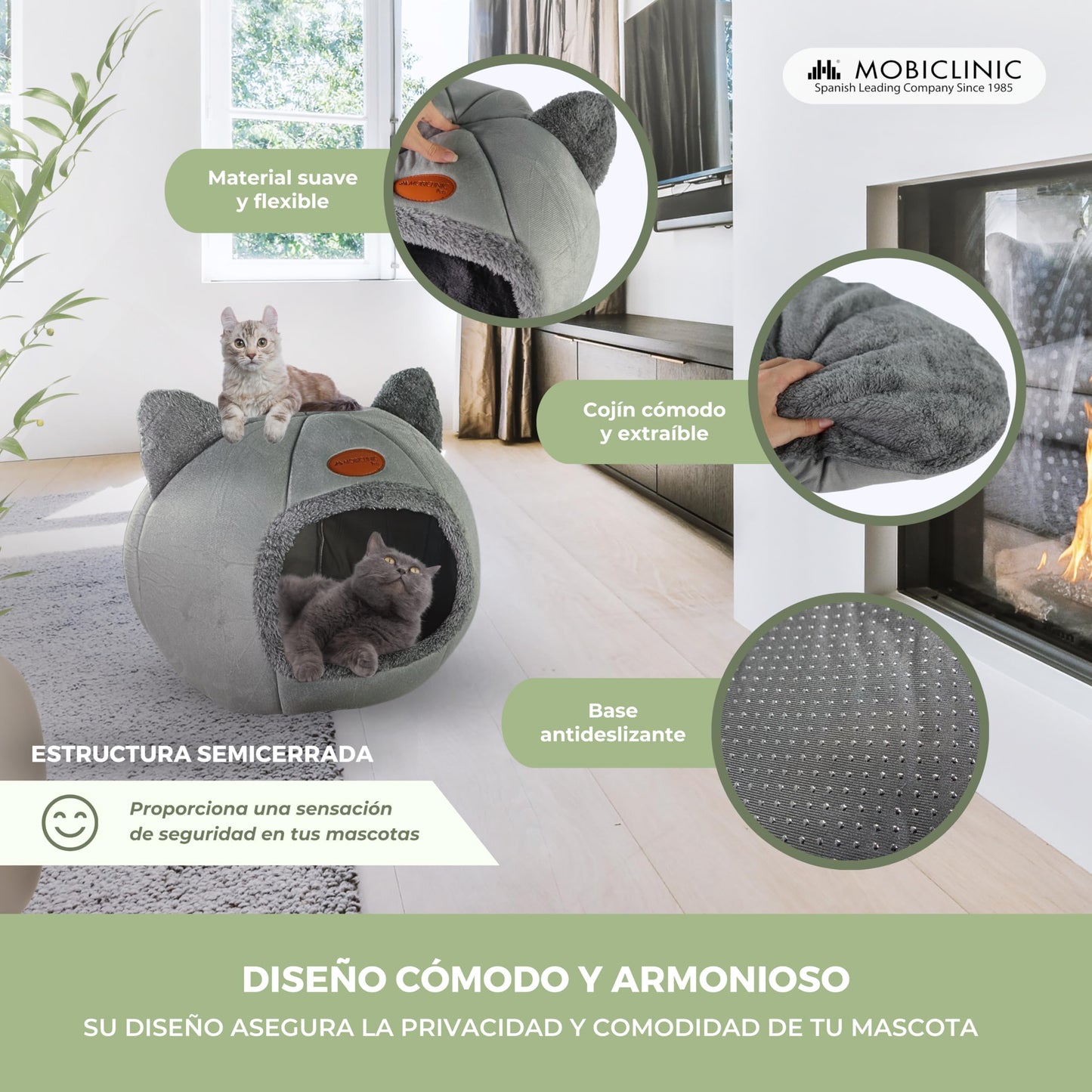 Mobiclinic® Pets, Cama para Gatos, Cueva Nido, Hellocatty, Tejido Suave, Apto Lavadora, Fácil de Plegar y almacenar, Antideslizante, Cojín Confortable extraíble, Esponja 25d, Diseño Moderno