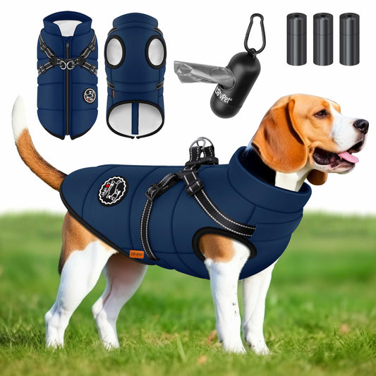 Abrigo Chaqueta para Perros con arnés, Incluye 45 Bolsas para excrementos + dispensador, Chaleco de Invierno para Perros, Forro Impermeable, Chaleco Acolchado con Correa para el Pecho, reflectores,