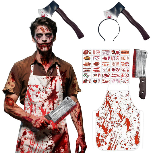 Disfraz de Carnicero de Halloween, Terror Carnicero Disfraces con Delantal Sangriento, Tocado de Hacha Sangriento, Machete, 30 Tattoo Scars Zombie para fiestas de terror de Halloween