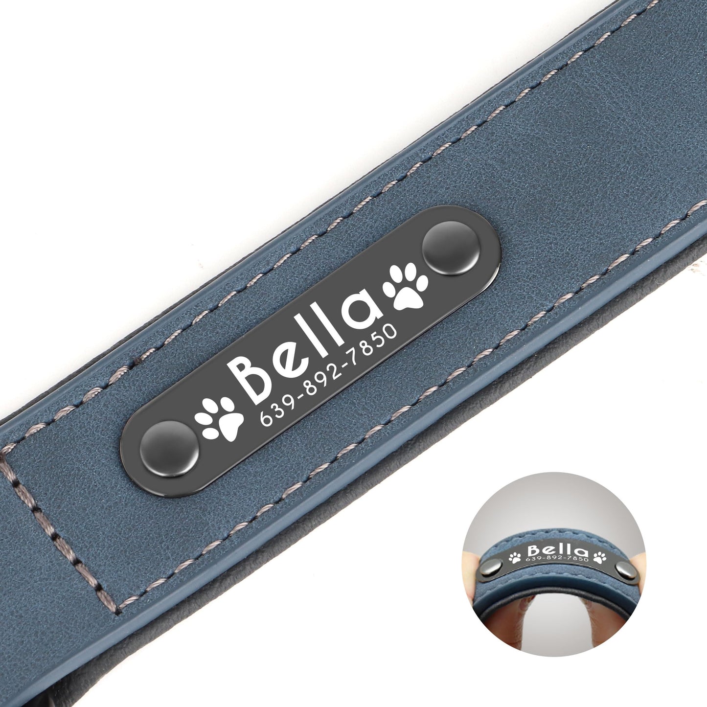 Collar de Piel Suave Acolchada Personalizable para Perro, Chapa de Nombre, Anilla en D, Collar Grabado para Perro, tamaños pequeño, Mediano y Grande