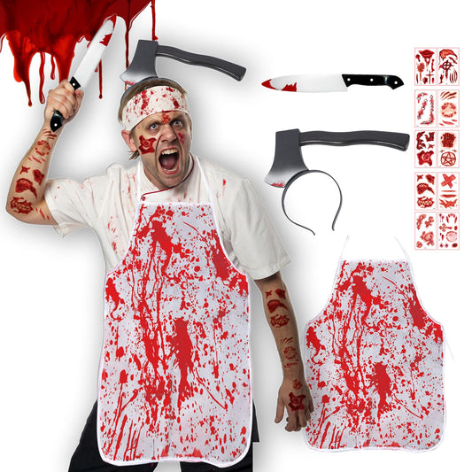 Disfraz Halloween Hombre Adulto Mujer – Halloween Costume Miedo Carnicero con Diadema Hacha, Cuchillo y 10 Tatuajes, Disfraz Adulto Ideal para Fiestas, Cosplay y Eventos Temáticos