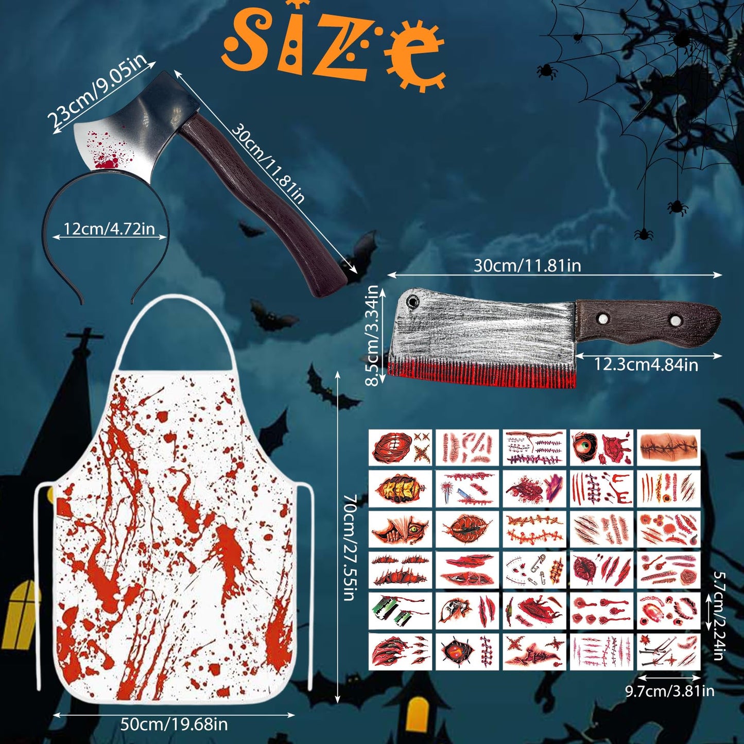 Disfraz de Carnicero de Halloween, Terror Carnicero Disfraces con Delantal Sangriento, Tocado de Hacha Sangriento, Machete, 30 Tattoo Scars Zombie para fiestas de terror de Halloween