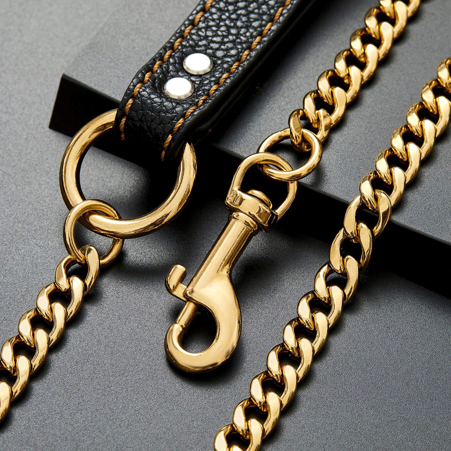 W/W Lifetime Correa de metal a prueba de masticación, mango de cuero de 11 mm, oro de 18 quilates, cadena resistente para mascotas, con asa acolchada para perros grandes, medianos y pequeños (longitud