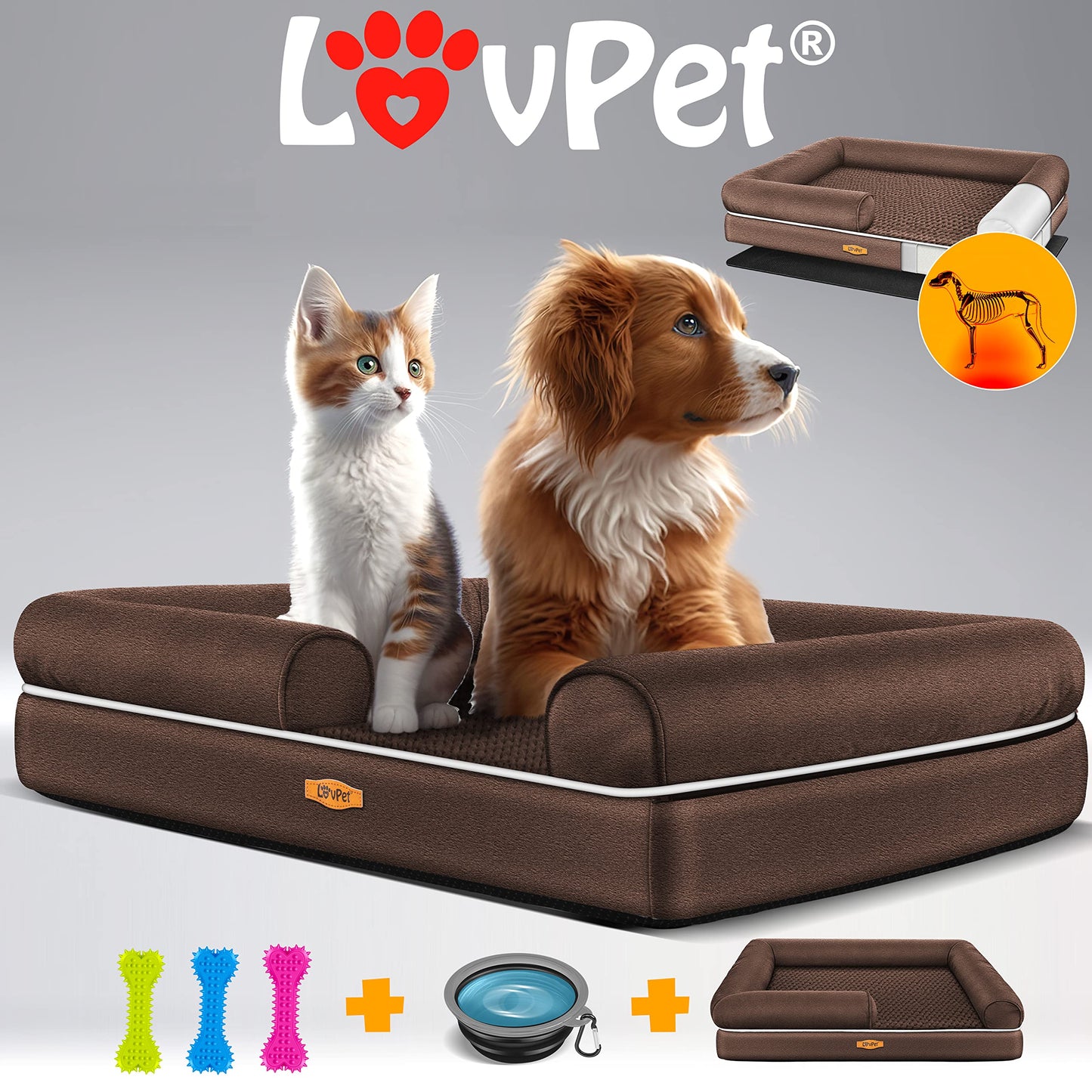 Lovpet® Cama ortopédica para Perros, cojín para Perros, Cesta para Perros Relax, Incluye comedero + 3 Huesos para Masticar, sofá para Perros pequeños, medianos y Grandes, Funda extraíble y Lavable