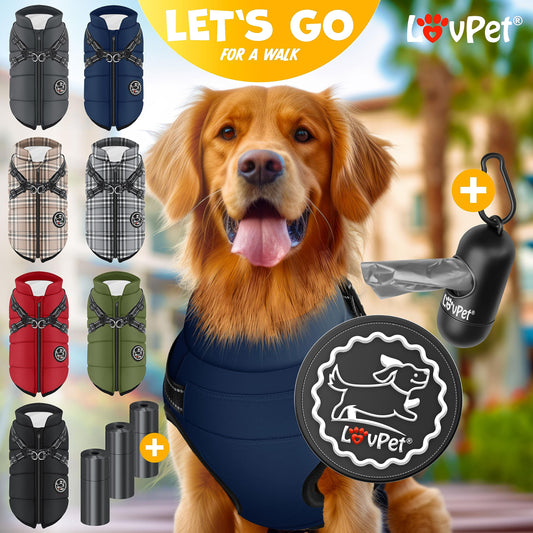 Abrigo Chaqueta para Perros con arnés, Incluye 45 Bolsas para excrementos + dispensador, Chaleco de Invierno para Perros, Forro Impermeable, Chaleco Acolchado con Correa para el Pecho, reflectores,