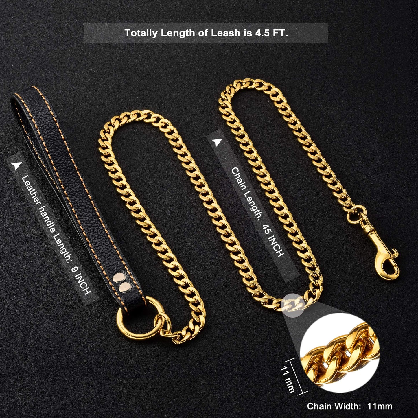 W/W Lifetime Correa de metal a prueba de masticación, mango de cuero de 11 mm, oro de 18 quilates, cadena resistente para mascotas, con asa acolchada para perros grandes, medianos y pequeños (longitud