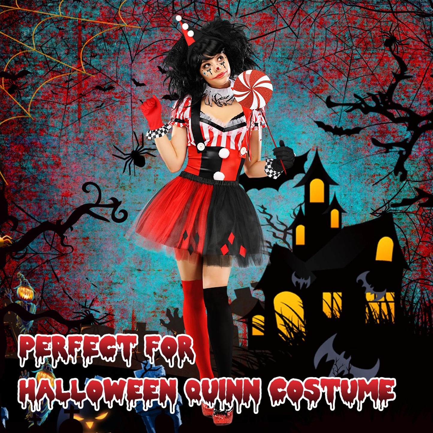 Disfraz Payaso Mujer Halloween, 5 pcs Diadema Arlequin Gemas Faciales Guantes Calcetines Altos Falda Tutú, Clown Costume Disfraz Arlequin Mujer Disfraces Halloween Carnaval Carnaval Fiesta de Cosplay