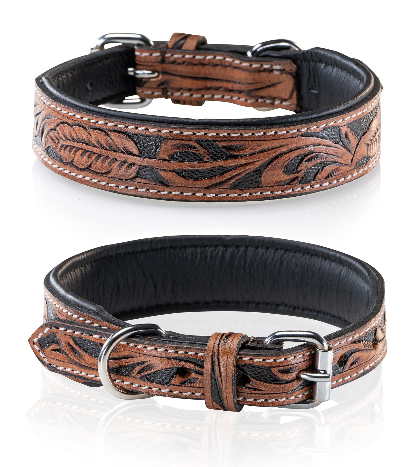 Collar de perro de cuero tallado a mano y acolchado – Collar de piel de búfalo para perros Solitaire (L/40-49,5)