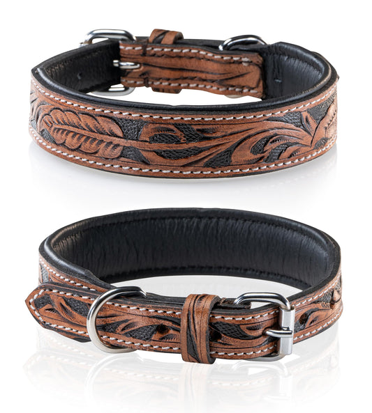 Collar de perro de cuero tallado a mano y acolchado – Collar de piel de búfalo para perros Solitaire (L/40-49,5)